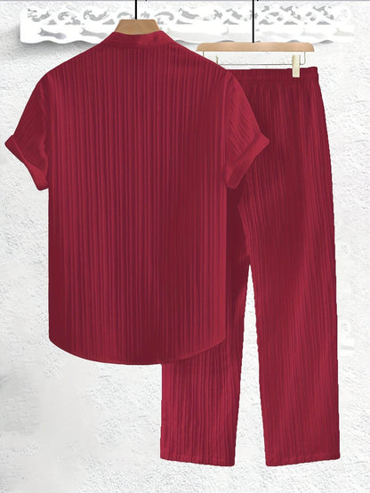 Men's Casual Summer Co-ord Set - Short Sleeve Shirt & Pants, Solid Color - Buy Center US