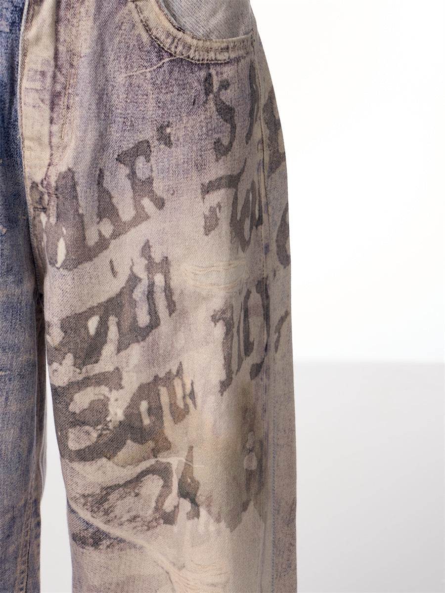 3D Printed Gradient Letter Jeans - Wide Leg Denim Pants for All Sizes - Buy Center US