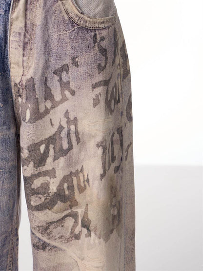 3D Printed Gradient Letter Jeans - Wide Leg Denim Pants for All Sizes - Buy Center US