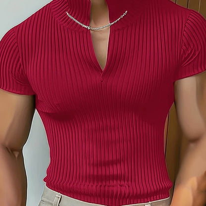Men's Red V-Neck Striped Athletic Shirt - Slim Fit Short Sleeve Top - Buy Center US
