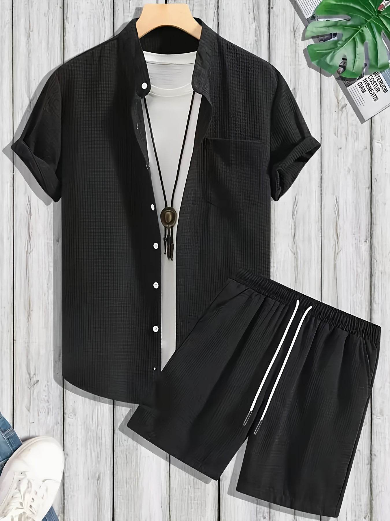 Men's Solid Color Jacquard Shirt & Drawstring Shorts Set - Casual Style - Buy Center US