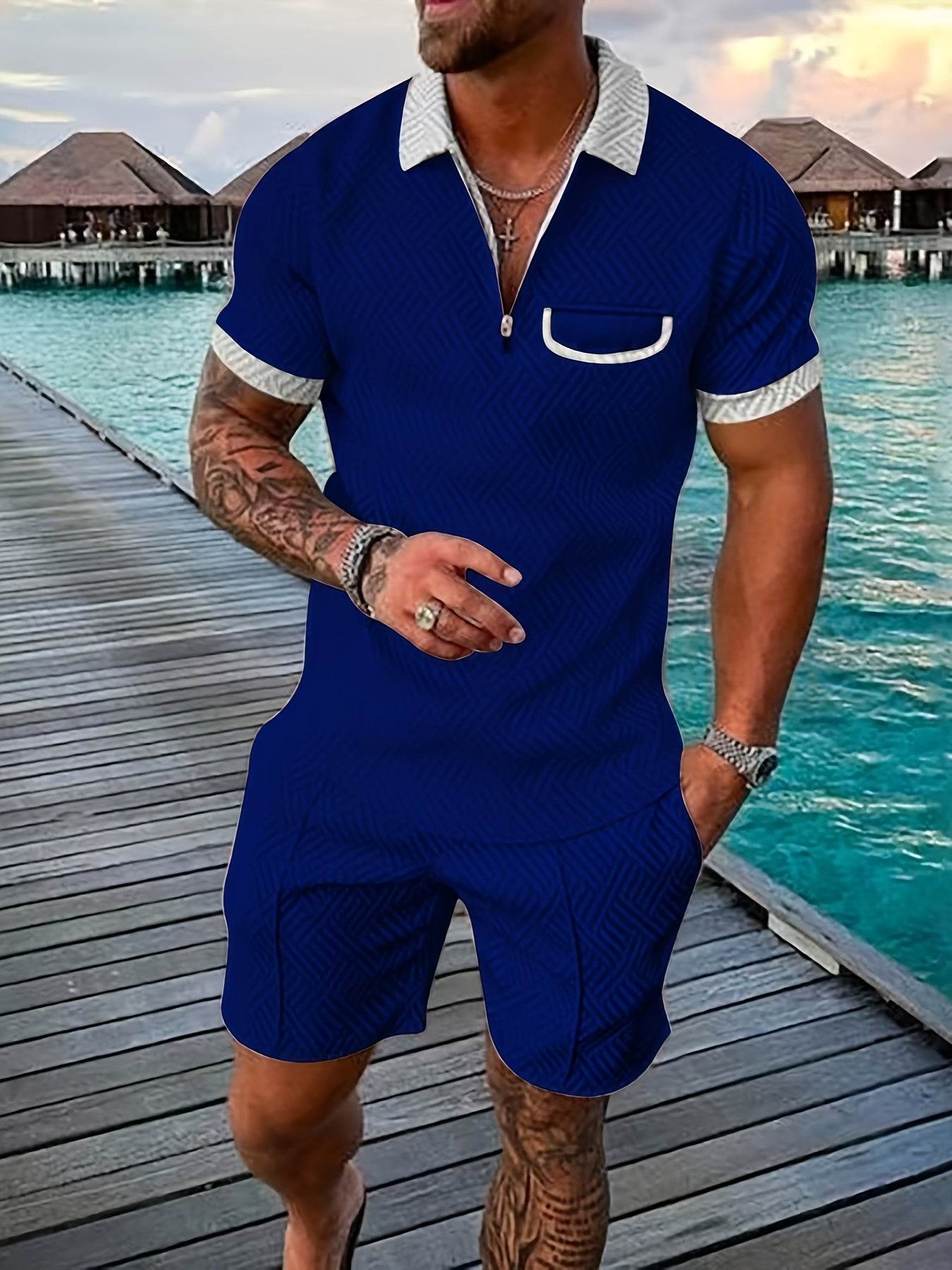 Men's Casual Knee-Length Kurta and Shorts Set - Breathable Polyester, Stylish - Buy Center US