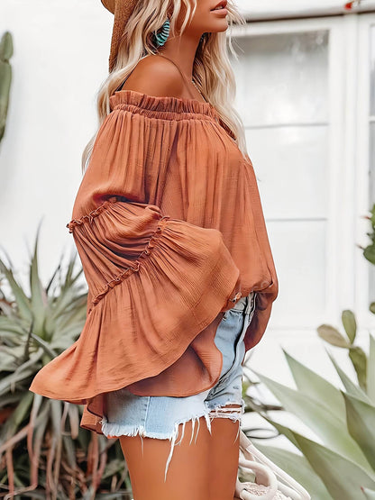 Elegant Women's One Shoulder Flared Sleeve Shirt - Solid Color Casual Wear - Buy Center US