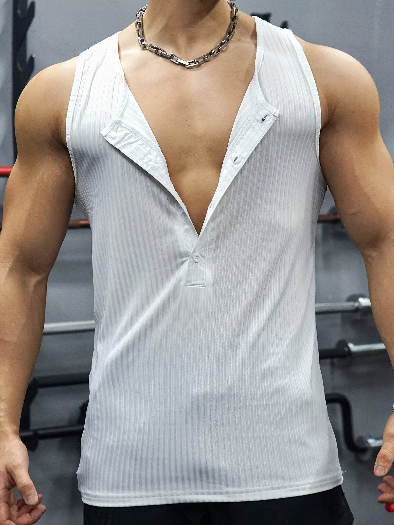 Men's Navy Blue Sleeveless Tank Top - V-Neck Button Closure for Summer - Buy Center US