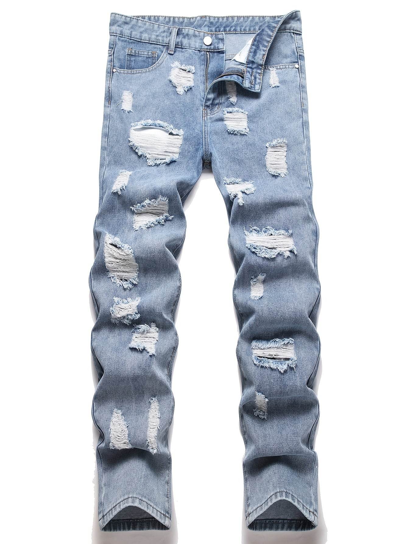 Men’s Distressed Straight Leg Jeans - Loose Fit, All-Season Casual Wear - Buy Center US