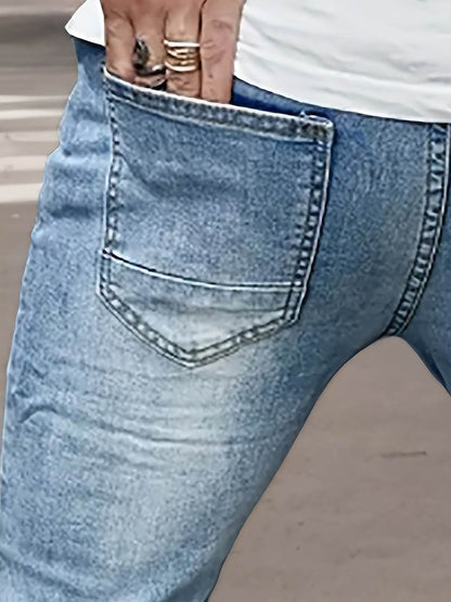 Men's Light Washed Blue Jeans - Casual Stretch Denim, Geometric Pattern - Buy Center US