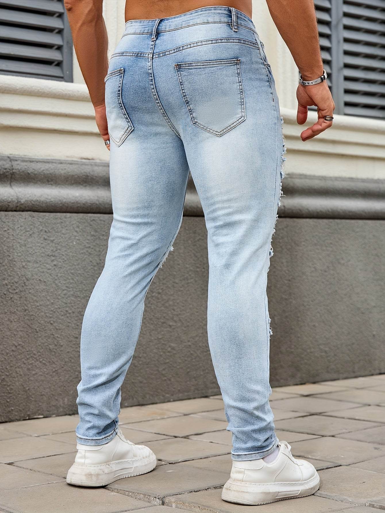 Men's Ripped Skinny Jeans - Casual Denim with Slight Stretch for All Seasons - Buy Center US
