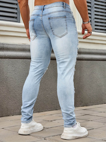 Men's Ripped Skinny Jeans - Casual Denim with Slight Stretch for All Seasons - Buy Center US