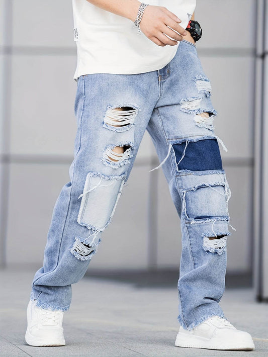 Durable Men's Casual Ripped Jeans - Loose Fit, All-Season Denim Wear - Buy Center US