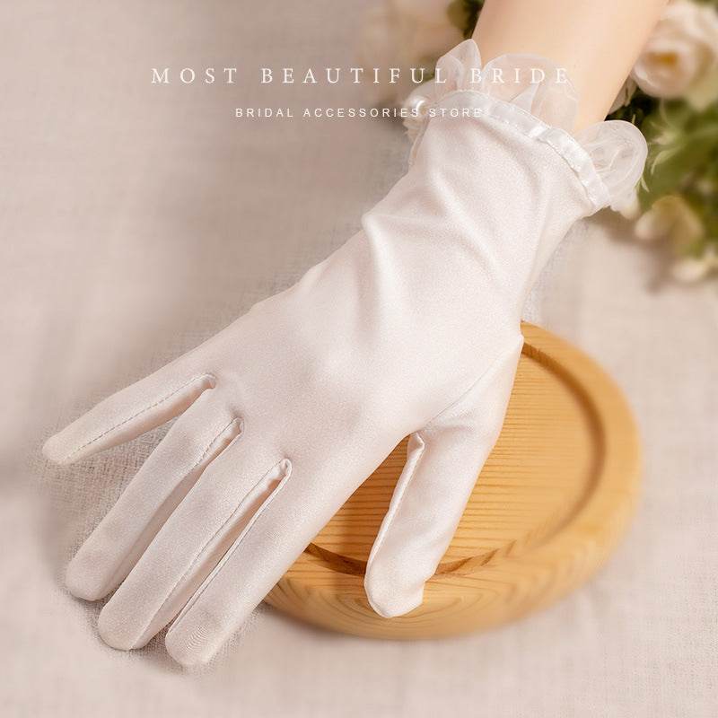 White Satin Short Gloves with Lace & Pearl - Elegant Fashion Accessory - Buy Center US