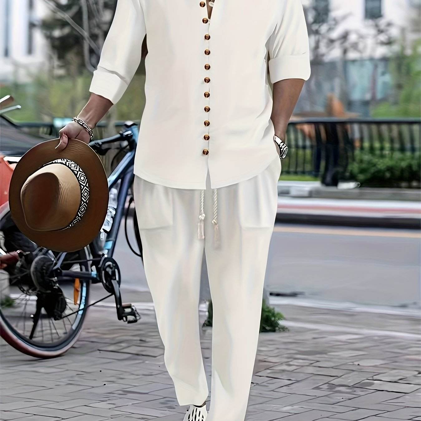 Men's Casual Cotton Linen V-Neck Shirt & Pants Set - Spring/Fall Fashion - Buy Center US