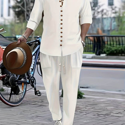 Men's Casual Cotton Linen V-Neck Shirt & Pants Set - Spring/Fall Fashion - Buy Center US