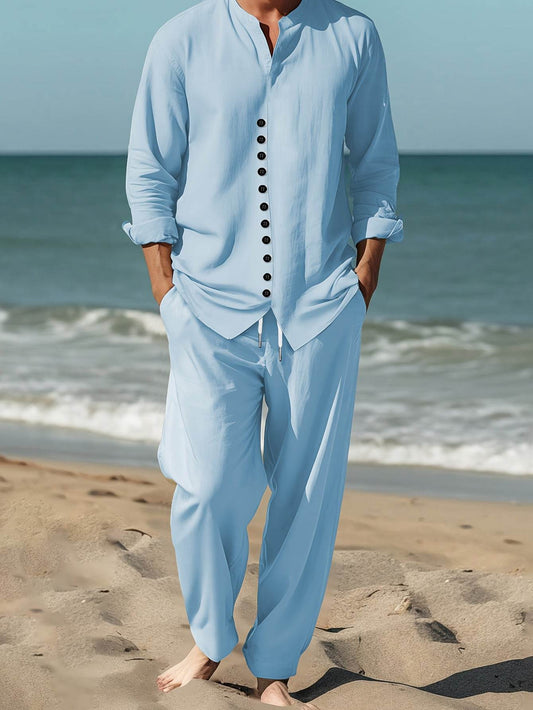 Men's Casual Sky Blue Print Set - Two-Piece Stand Collar Outfit - Buy Center US
