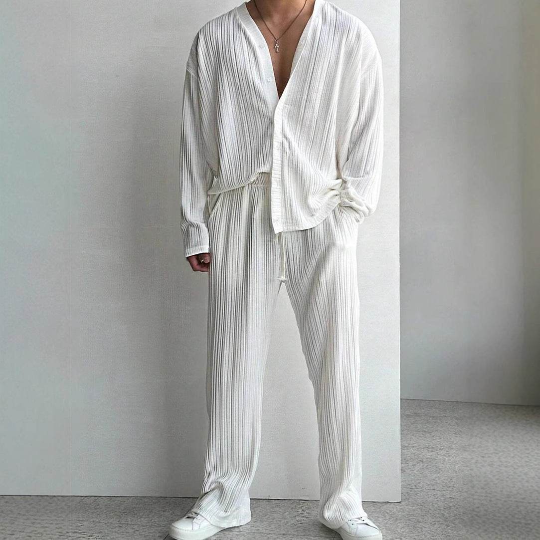Buycenter Men's Casual Button Shirt & Trousers Suit - Long Sleeve Elegance - Buy Center US