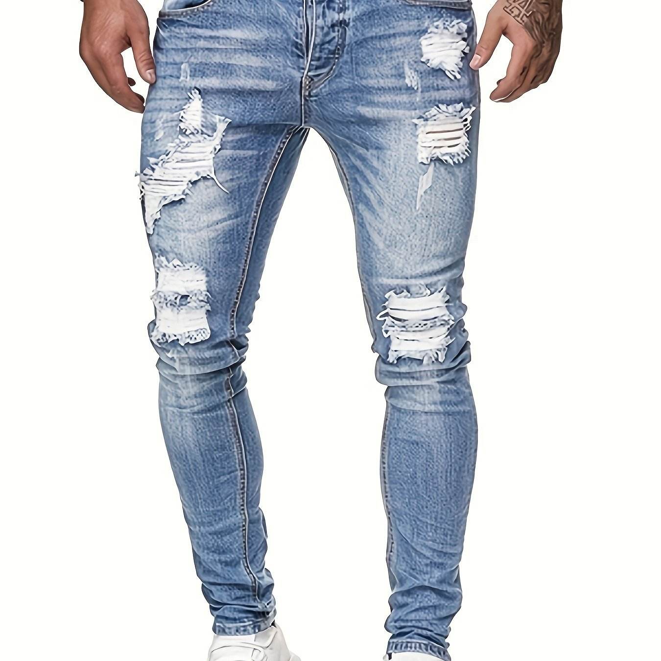 Men's Slim Fit Distressed Jeans - Ripped Stretch Denim, Light Blue - Buy Center US