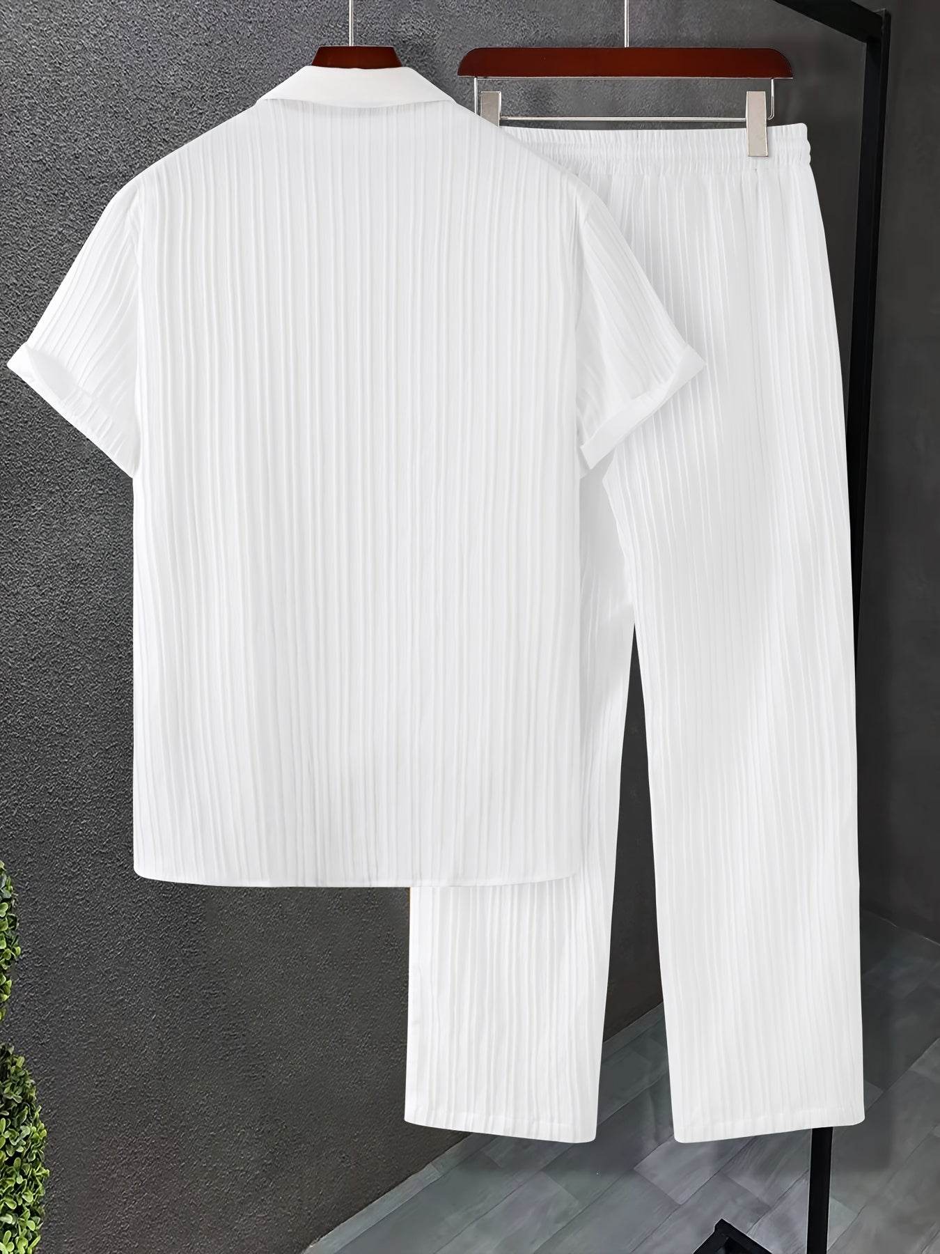 Men's Summer Striped Short Sleeve Shirt & Pants Set - Casual White Look - Buy Center US