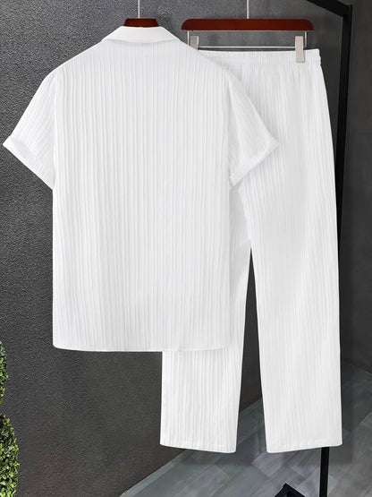 Men's Summer Striped Short Sleeve Shirt & Pants Set - Casual White Look - Buy Center US