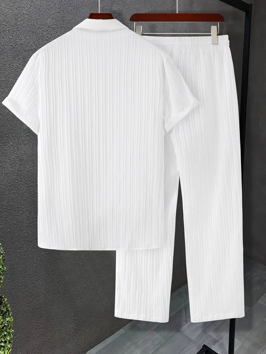 Men's Summer Striped Short Sleeve Shirt & Pants Set - Casual White Look - Buy Center US