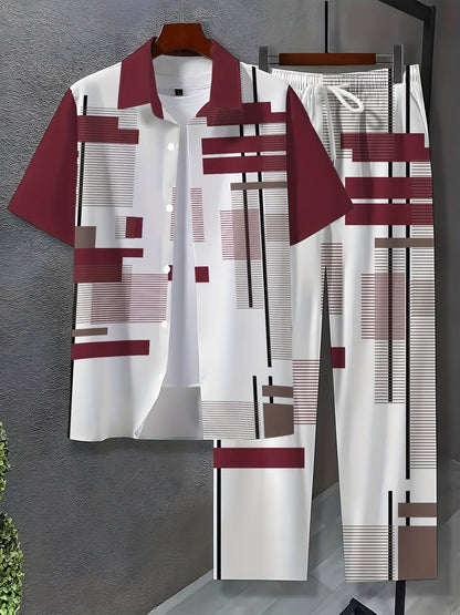 Men’s Casual Print Suit Set - Polyester Lapel Button Knit Fabric - Buy Center US