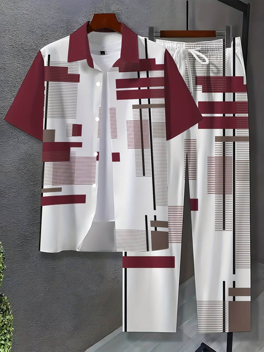 Men’s Casual Print Suit Set - Polyester Lapel Button Knit Fabric - Buy Center US
