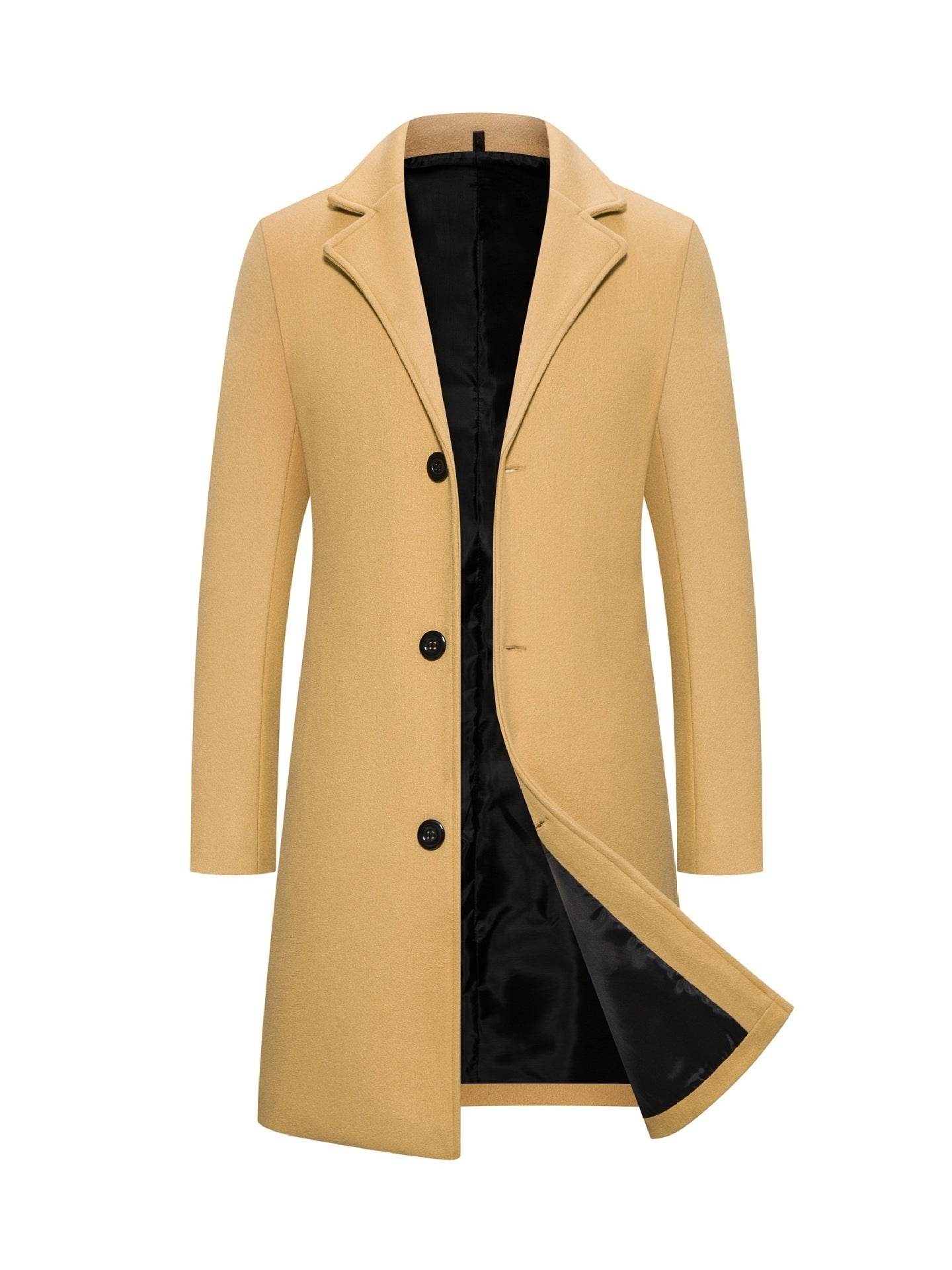 Buycenter Men's Slim-Fit Woolen Coat - Stylish Mid-Length Trench - Buy Center US