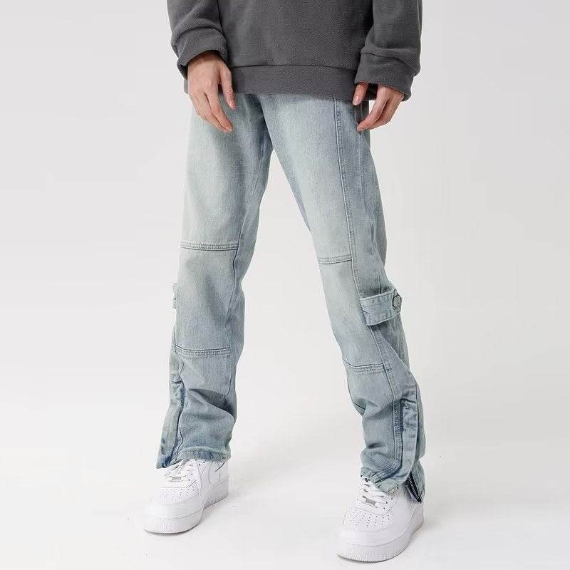 Retro Wide Leg Straight Jeans - American Style Light Blue Water Scrubbing - Buy Center US