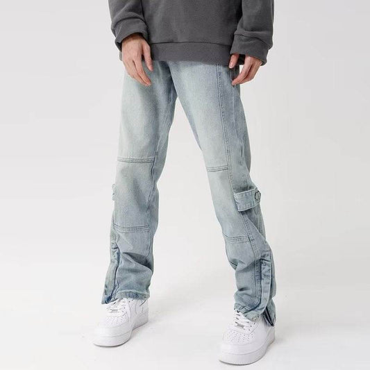 Retro Wide Leg Straight Jeans - American Style Light Blue Water Scrubbing - Buy Center US