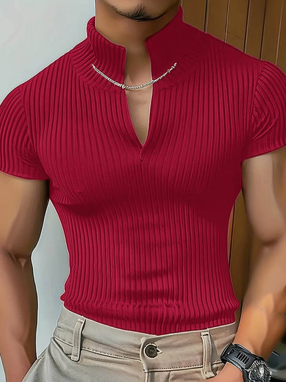 Men's Red V-Neck Striped Athletic Shirt - Slim Fit Short Sleeve Top - Buy Center US