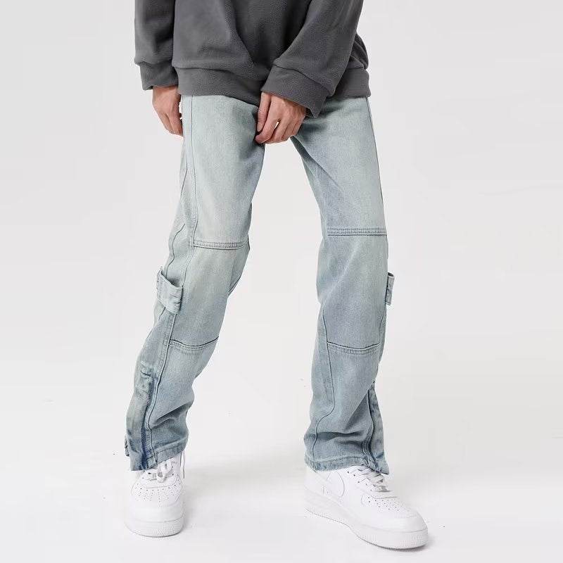 Retro Wide Leg Straight Jeans - American Style Light Blue Water Scrubbing - Buy Center US