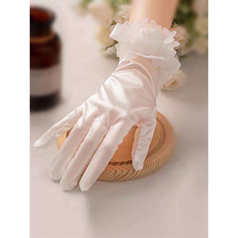 White Satin Short Gloves with Lace & Pearl - Elegant Fashion Accessory - Buy Center US