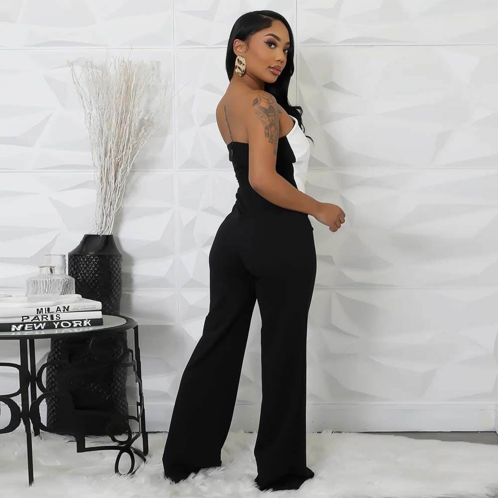 Women's Black and White Button Jumpsuit - Stylish Commuter Outfit - Buy Center US