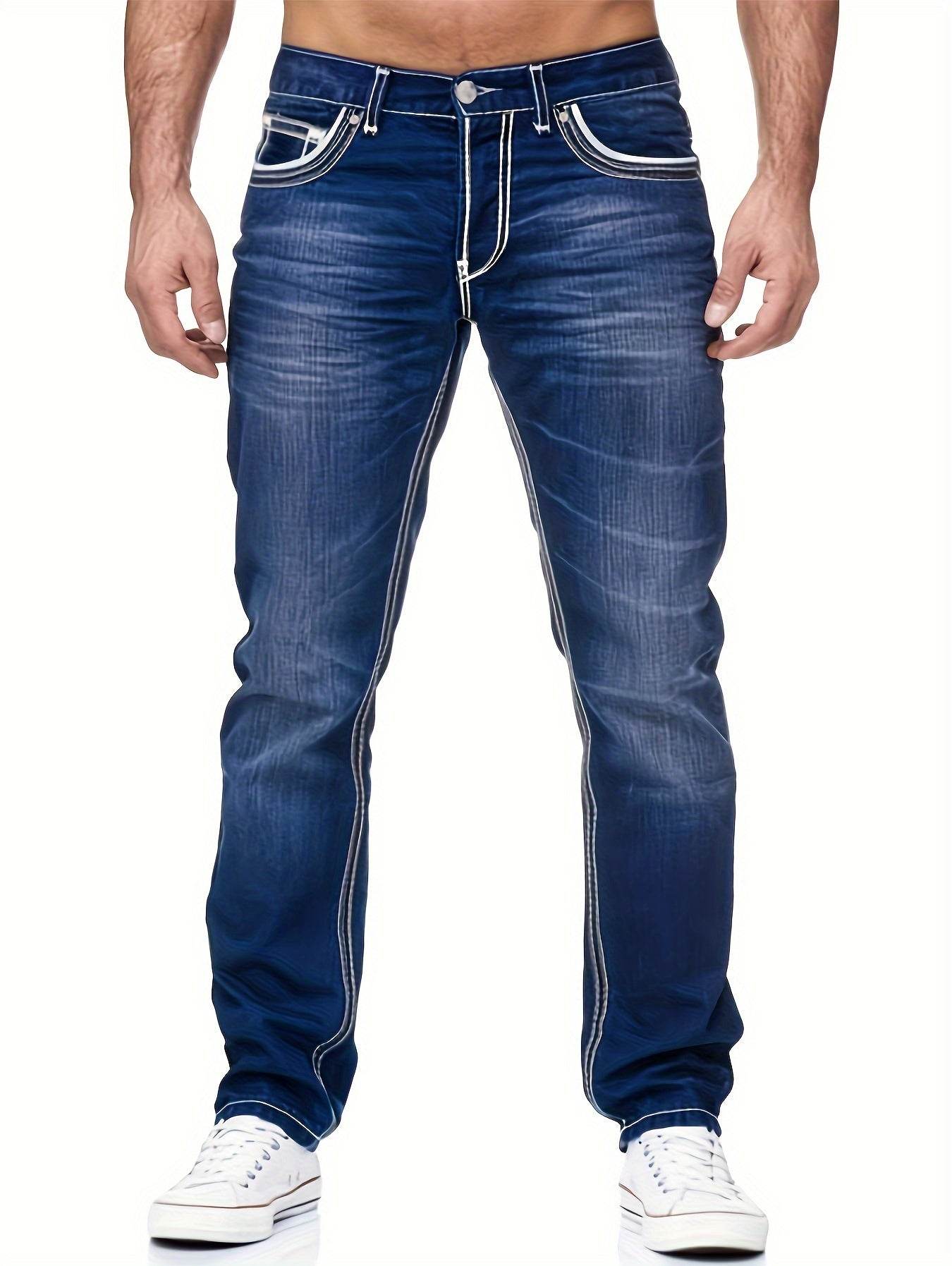 Men's Slim-Fit Stretch Denim Jeans - Embroidered Pocket in Dark Blue - Buy Center US