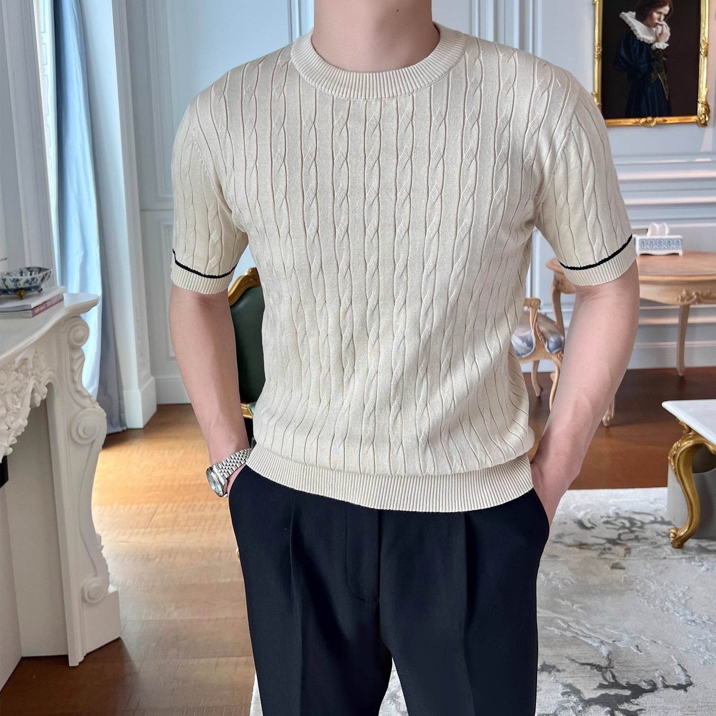 Stylish Men's Weaving Knitted T-shirt - Round Neck, Short Sleeve - Buy Center US