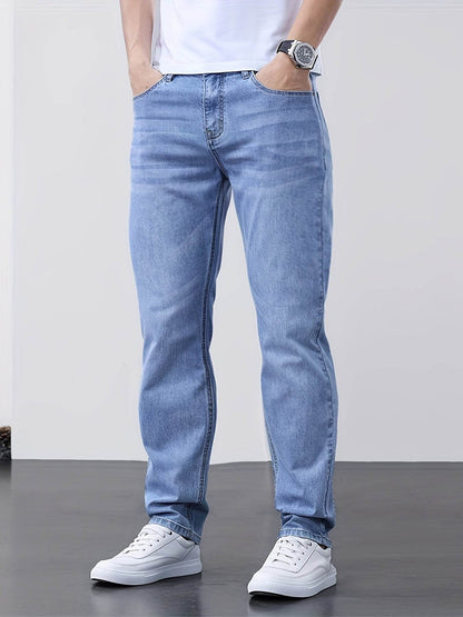Men's Classic Blue Jeans - Lightweight Stretch Denim, Slim Fit Design - Buy Center US
