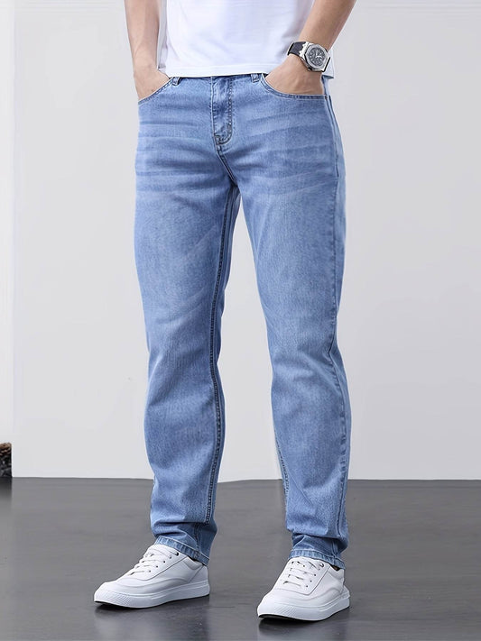 Men's Classic Blue Jeans - Lightweight Stretch Denim, Slim Fit Design - Buy Center US