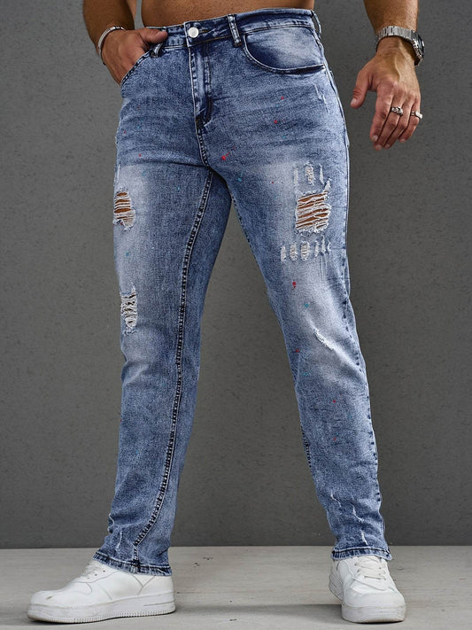 Men's Distressed Skinny Jeans - Stretchy Casual Pants with Frayed Hem - Buy Center US
