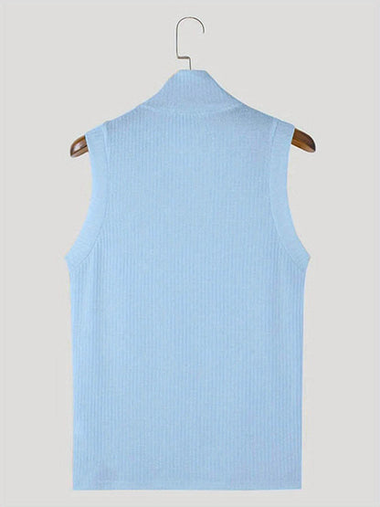 Men's Casual Ribbed Knit Sleeveless Shirt - Lapel Collar Button-Up Tank - Buy Center US