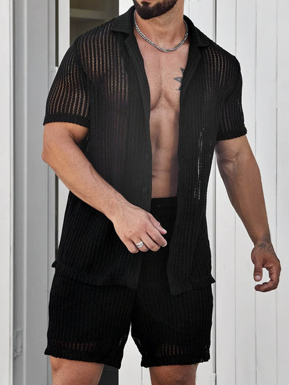 Men's Casual Hollow Short-Sleeved Set - Summer Shirt & Drawstring Shorts - Buy Center US