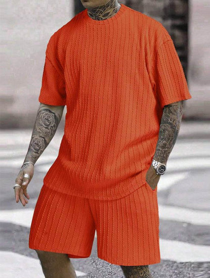 Buycenter Men's Sports Two-Piece Set - Solid Color Round Neck Shorts - Buy Center US