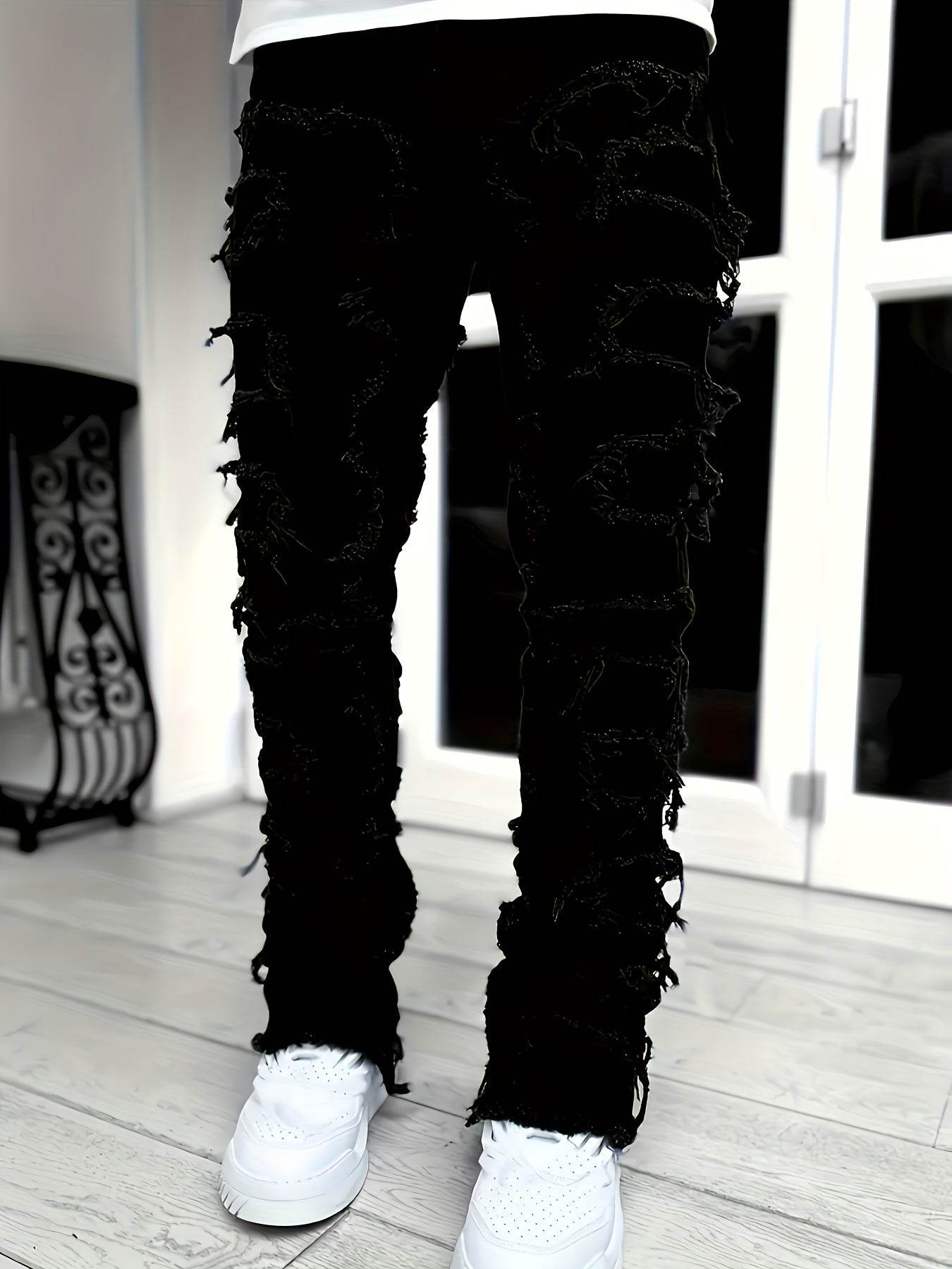 Y2K Hip Hop Style Men's Raw Trim Jeans - Slim Fit Stretch Denim - Buy Center US