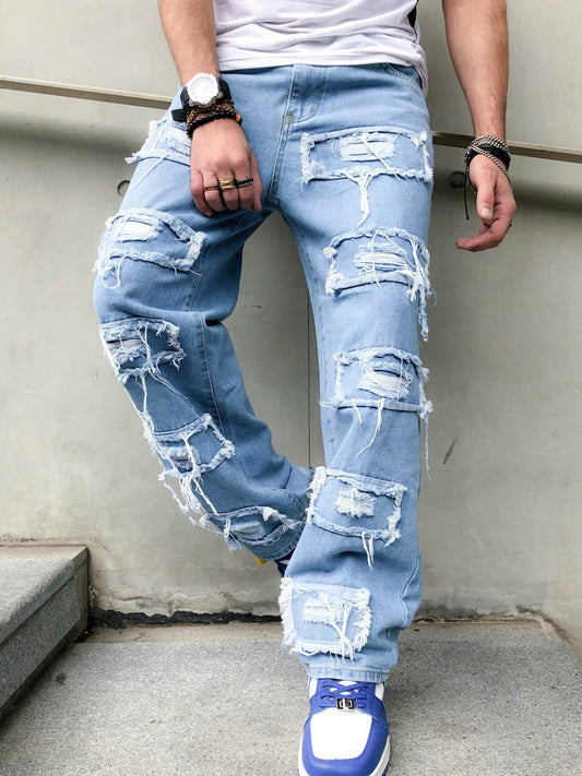 Men's Distressed Skinny Fit Jeans - Light Blue All-Season Casual Denim - Buy Center US