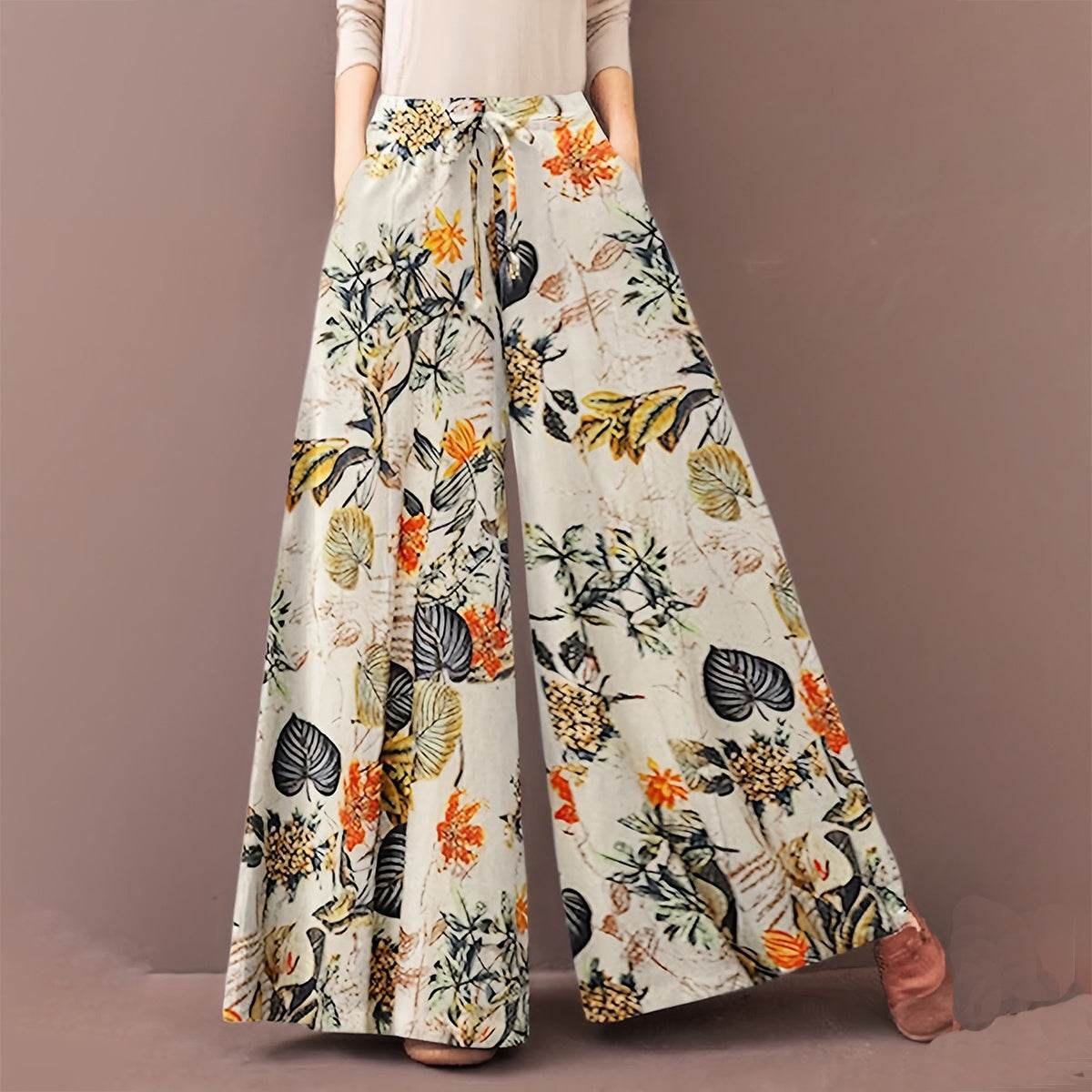 Plus Size Botanical Print Wide Leg Pants - Casual, Loose Fit for Women - Buy Center US