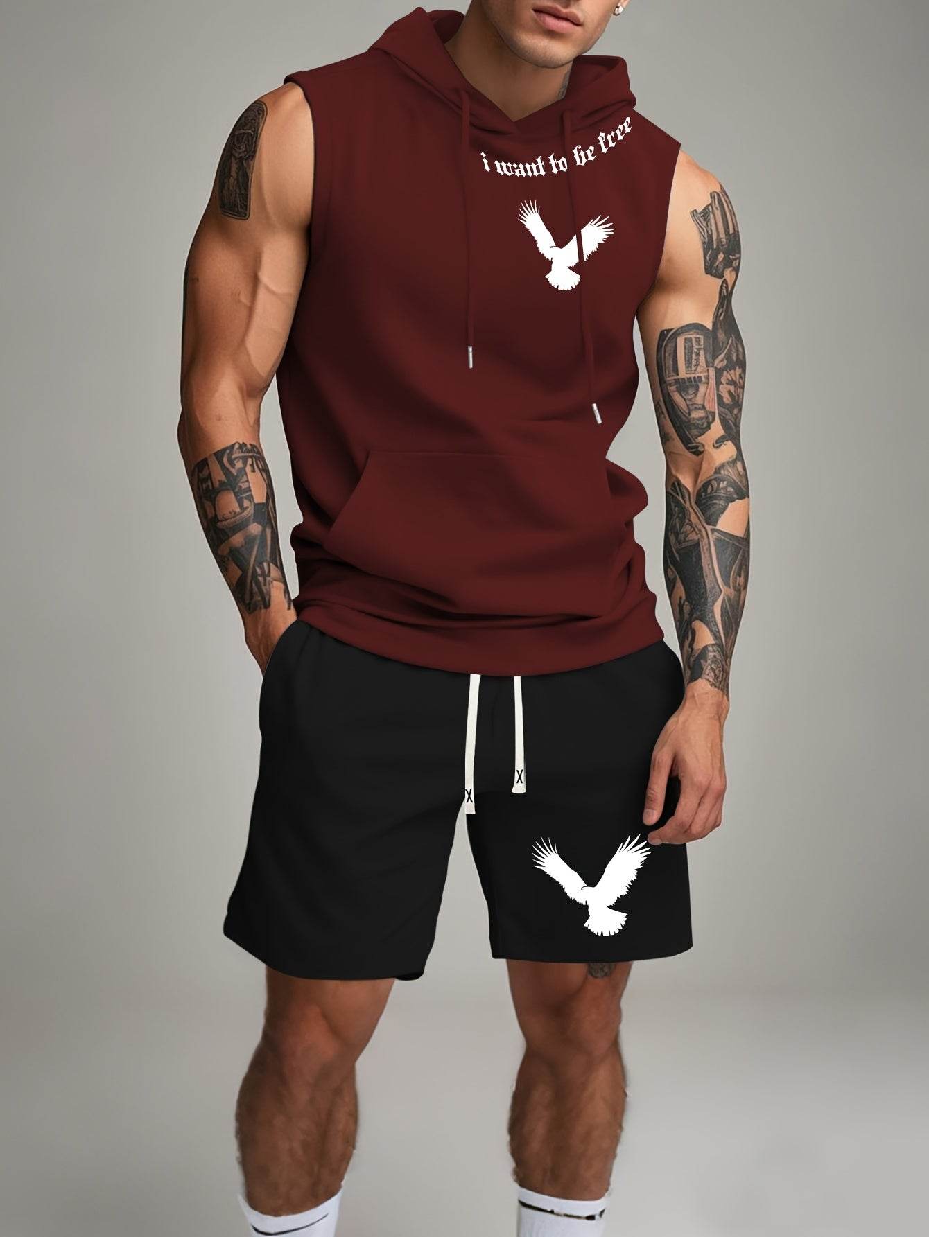 Black Sleeveless Hoodie & Shorts Set - White Bird Print, Casual Outdoor Wear - Buy Center US
