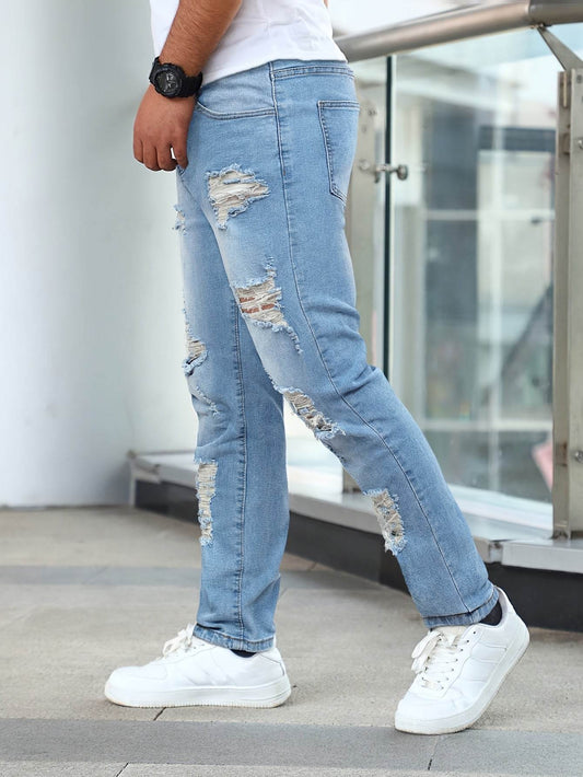 Gengyuanshi Men's Ripped Jeans - Slim Fit Street Style, Machine Washable - Buy Center US