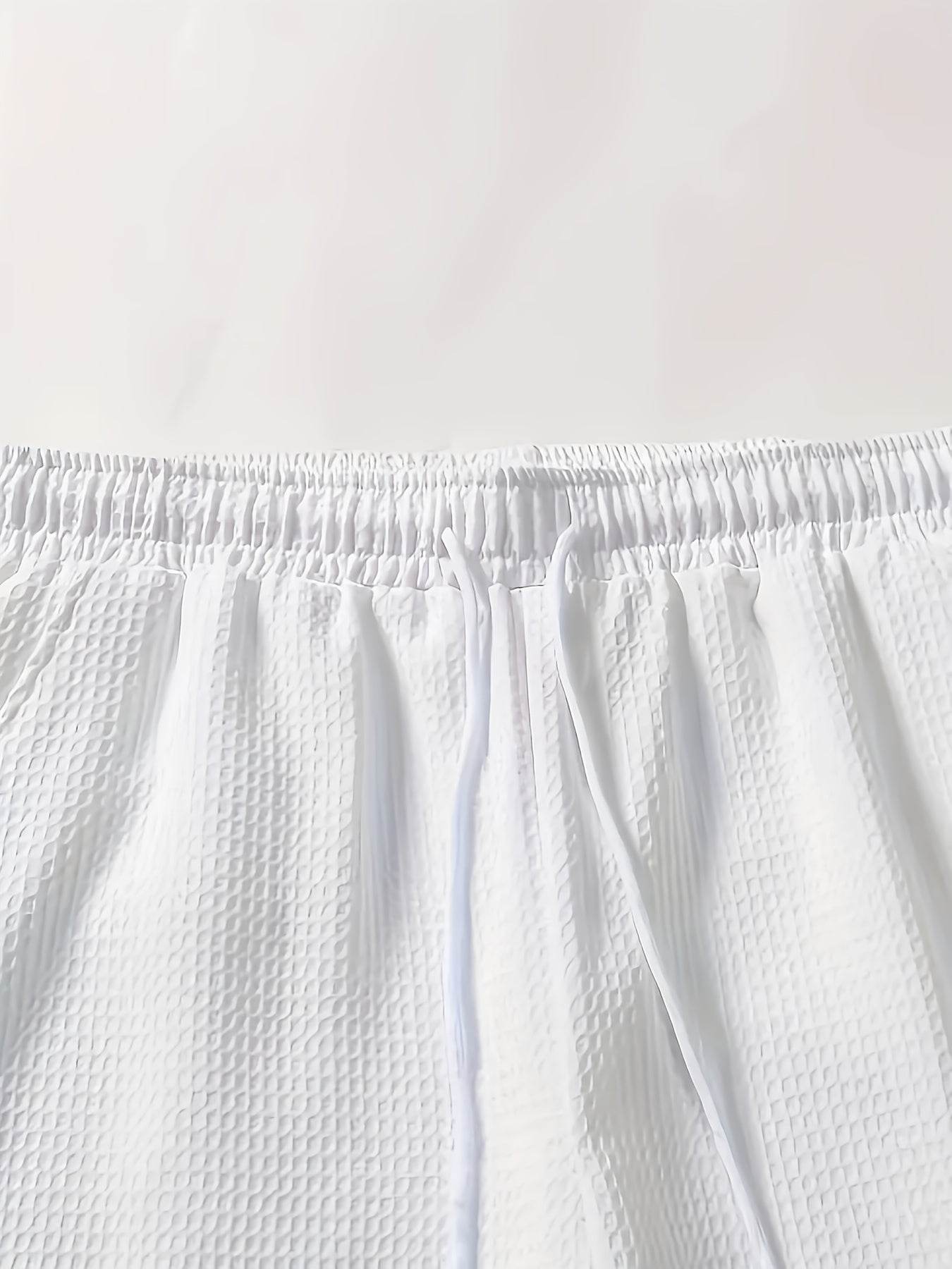 Men's Solid Color Jacquard Shirt & Drawstring Shorts Set - Casual Style - Buy Center US