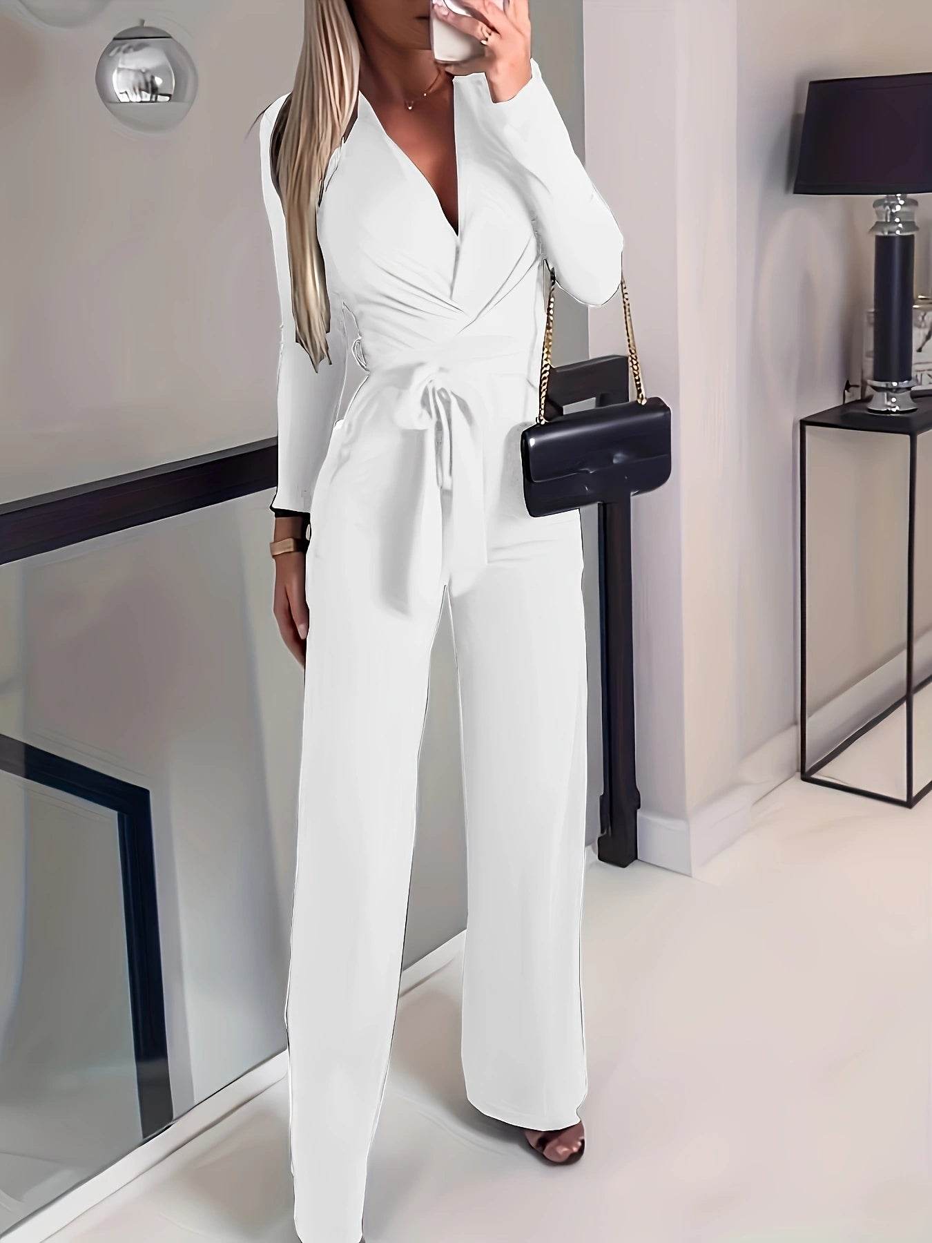 Women's Slimming V-Neck Bow Tie Jumpsuit - Long Sleeves, Casual Style - Buy Center US