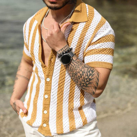 Men's Casual Loose Striped Polo Shirt – Short Sleeve, Ice Silk Fabric - Buy Center US