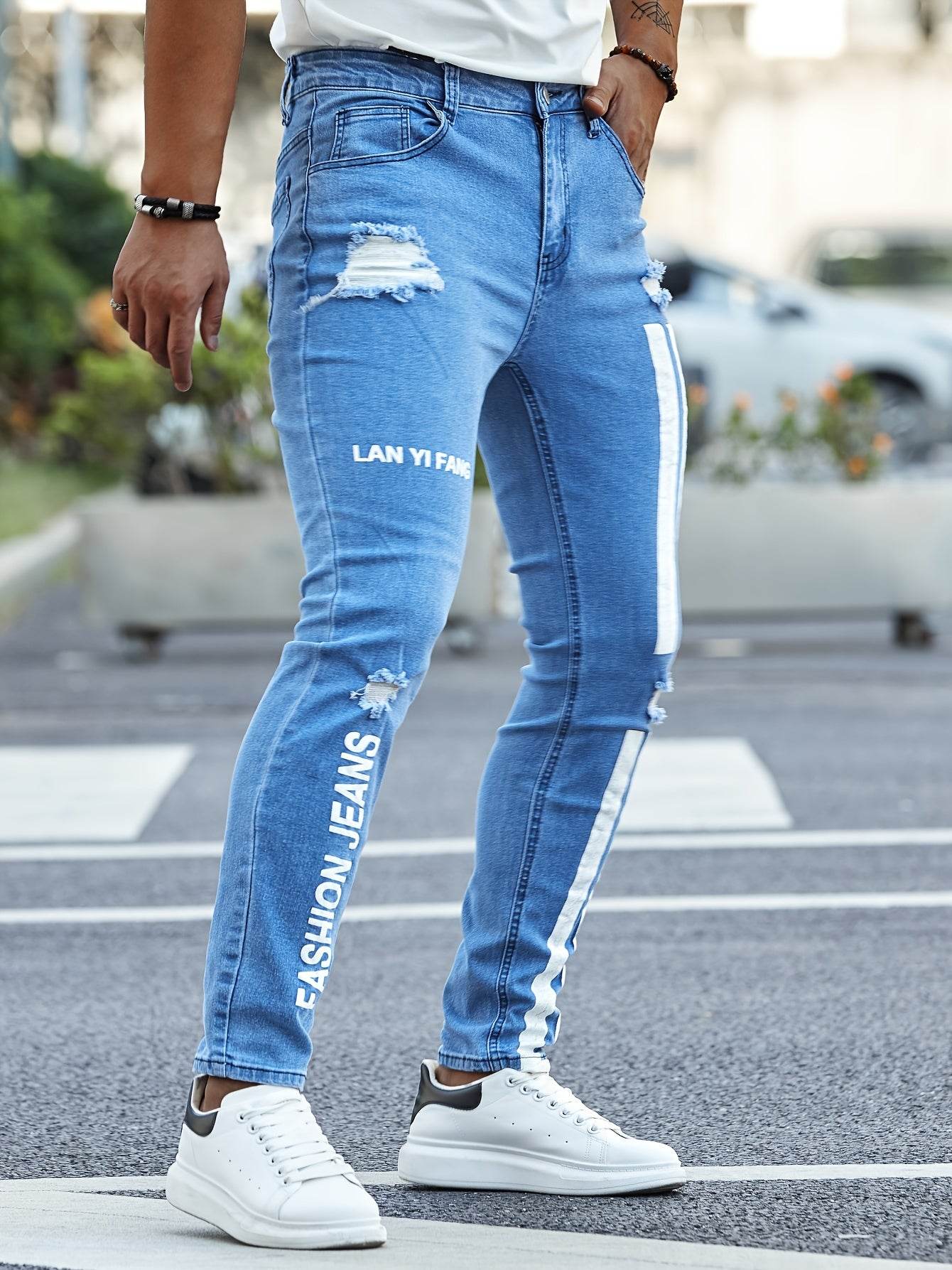 Men's Slim Fit Stretchy Denim Jeans - Casual Side Stripes Design - Buy Center US