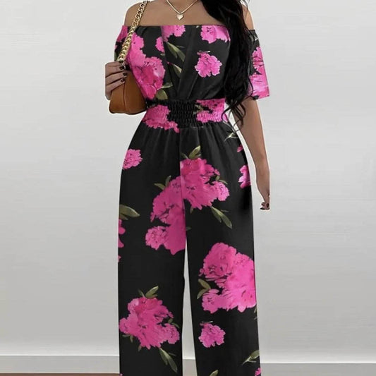 Ladies' One Shoulder Floral Print Jumpsuit - Waist Cinching Casual Style - Buy Center US