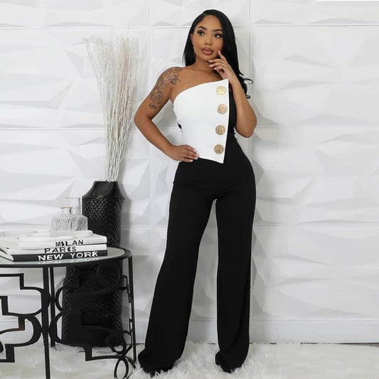Women's Black and White Button Jumpsuit - Stylish Commuter Outfit - Buy Center US